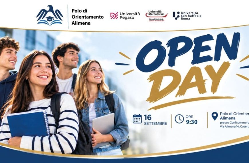 Banner dell’Open Day del Polo di Orientamento Alimena a Cosenza, in programma il 16 settembre alle ore 9:30.
