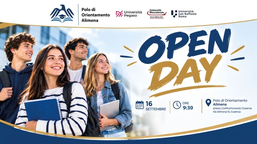 Banner dell’Open Day del Polo di Orientamento Alimena a Cosenza, in programma il 16 settembre alle ore 9:30.