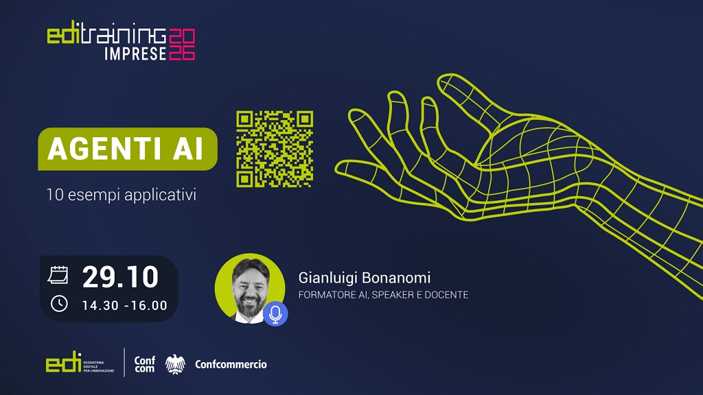Locandina del webinar gratuito EDI Training 2026 dedicato agli Agenti AI, in programma il 29 ottobre dalle 14:30 alle 16:00 con Gianluigi Bonanomi.